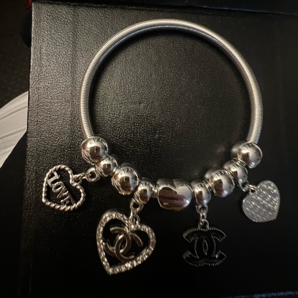 Silver Charm Bracelet with Heart and Logo Accents - Picture 2 of 4